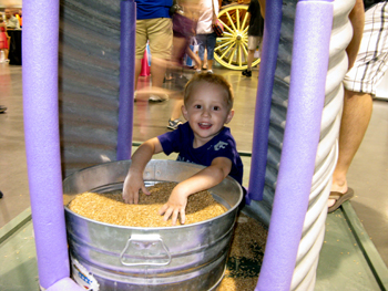 Child playing in bushel of corn