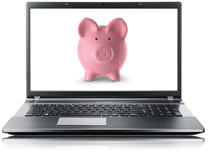 Piggy bank on laptop monitor