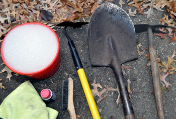 Garden tools and soapy water