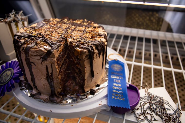 blue ribbon chocolate cake at fair 