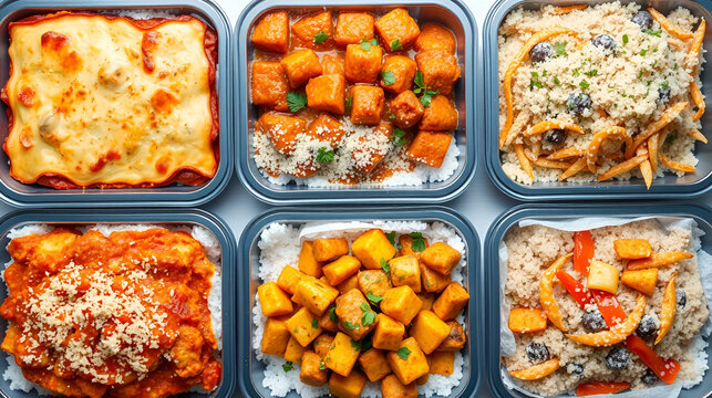 a variety of meals prepared for freezing 