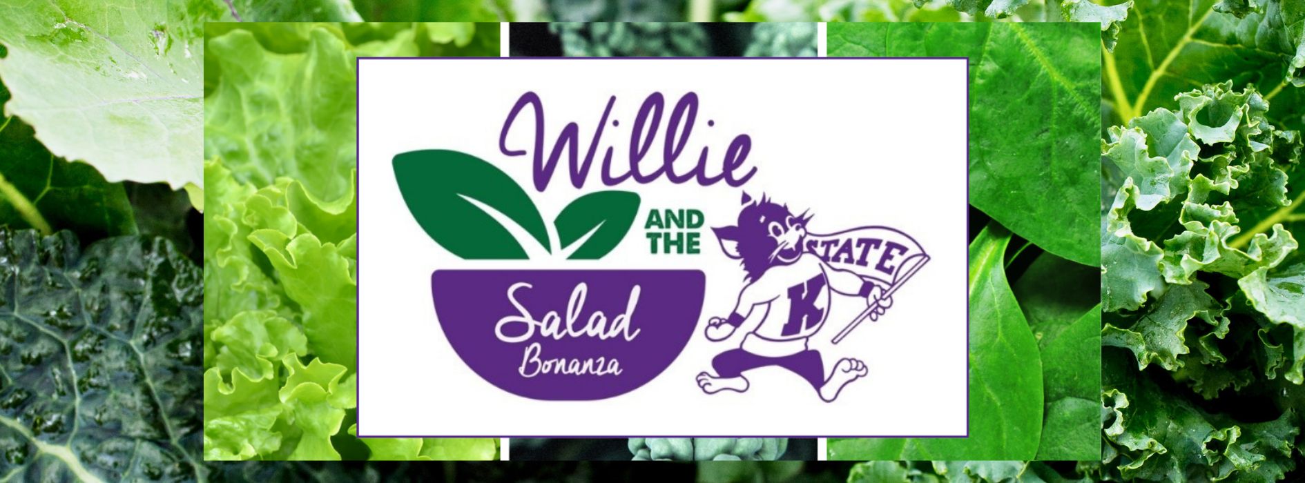 logo of Willie and the Salad Bonanza in front of a collage of leafy greens