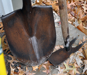 Rinsed and clean shovel and hoe
