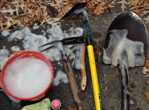 Washed garden tools with soapy water