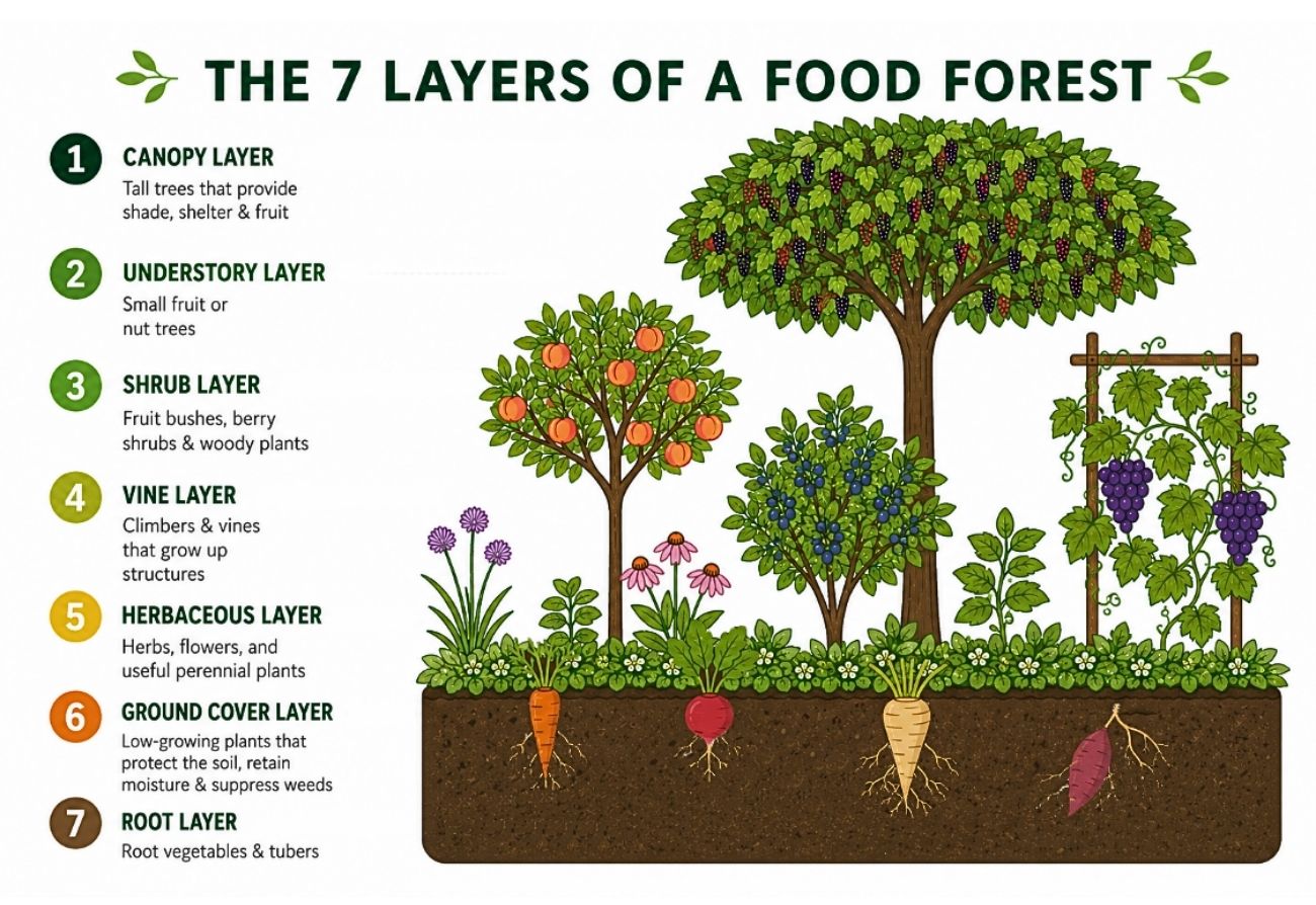 photo explaining the 7 layers of a food forest